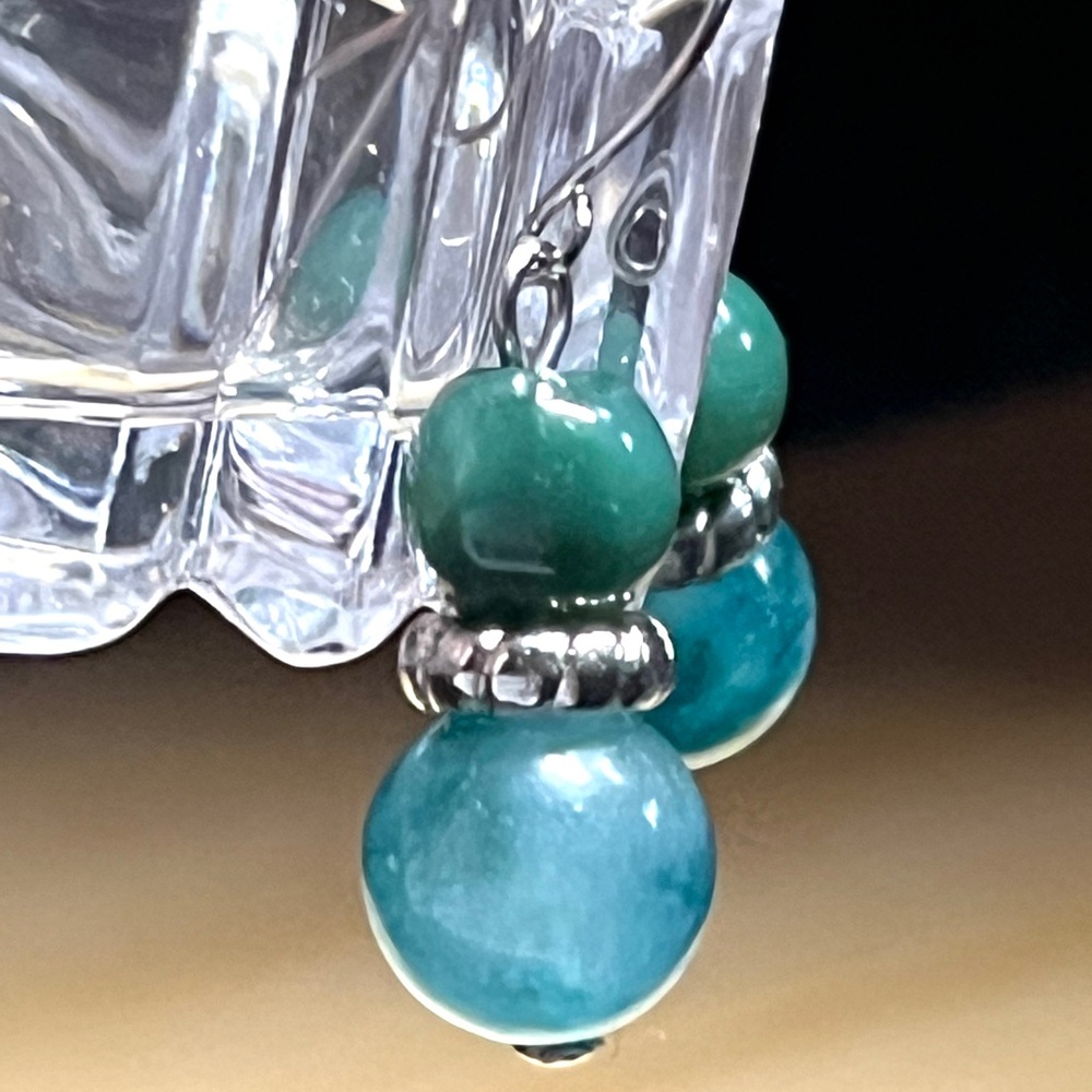 Green Jadeite, Silver & Glass Pierced Earrings Quality Round Sphere Dangles